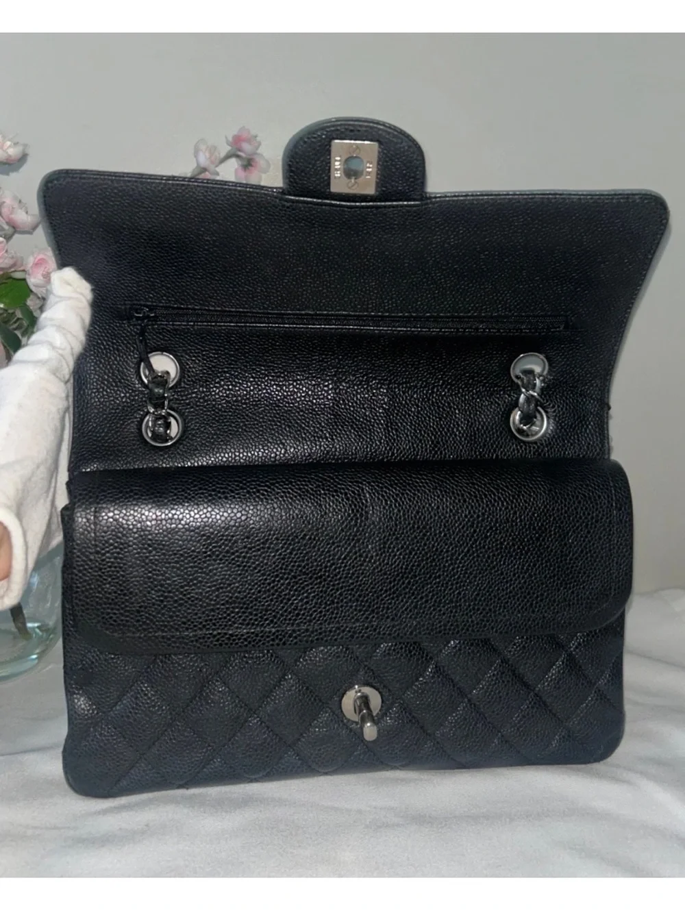 CHANEL Medium Classic Double Flap Caviar Leather Quilted Handbag Black